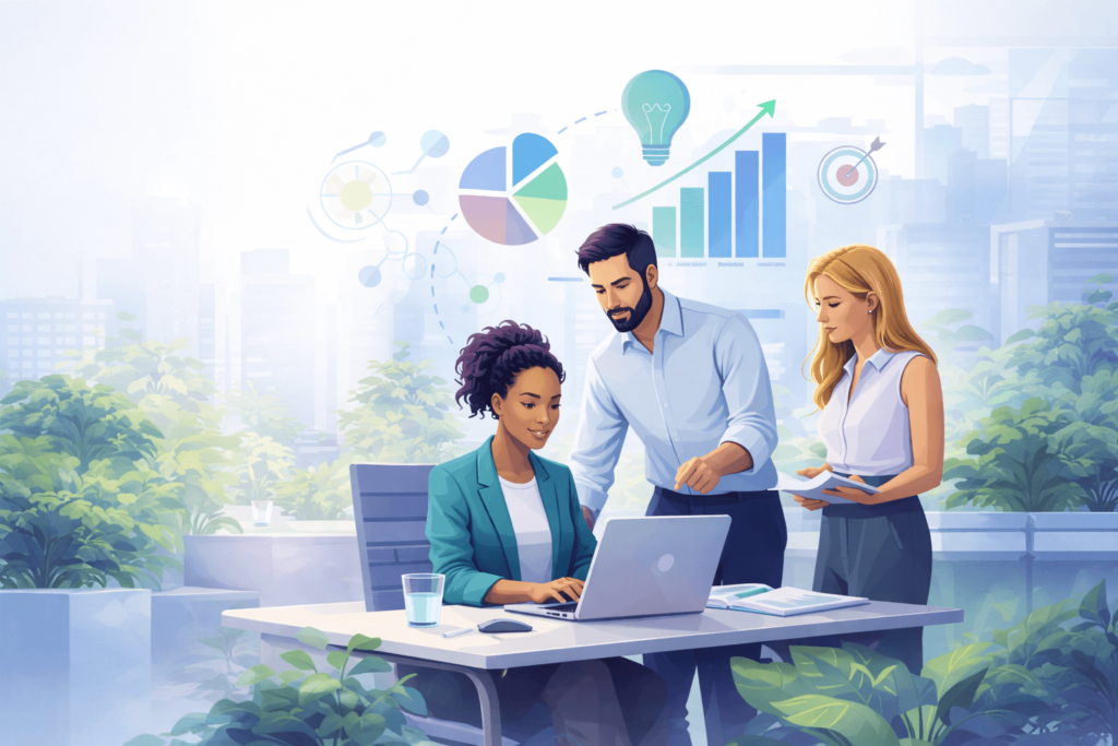 Team collaborating on customer success and business operations in a modern workspace